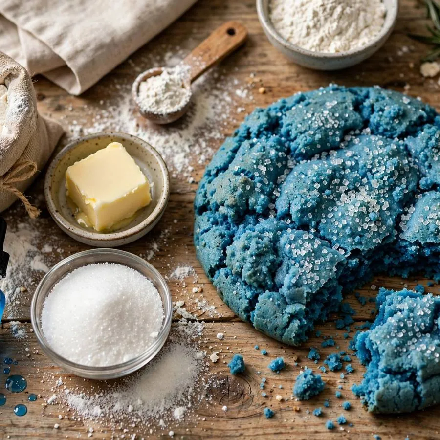 Cerulean Blue Sugar Crumbl Cookie with blue food coloring, butter, sugar and flour arranged on a rustic wooden table