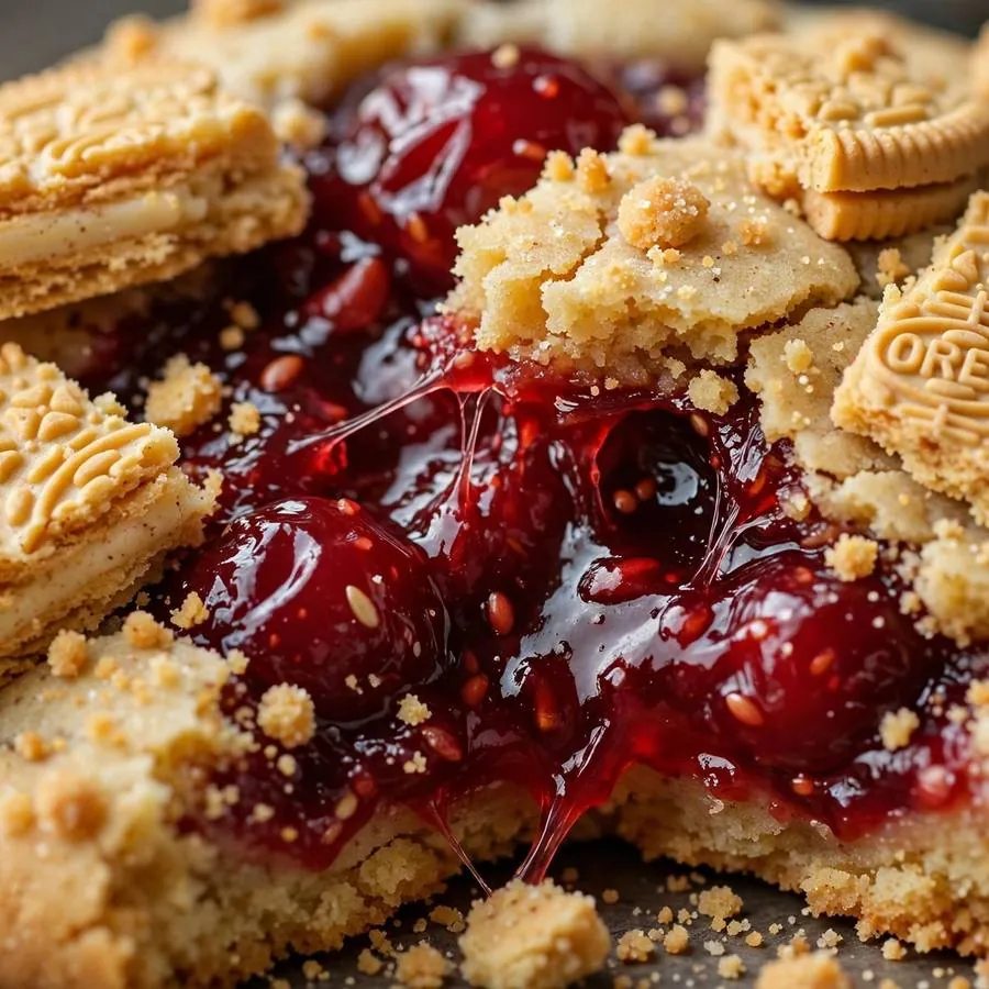 Glossy cherry filling over golden cookie crumbs