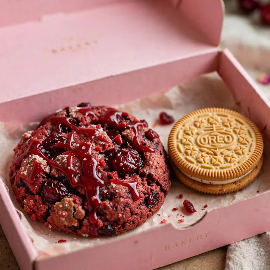 Cherry Bomb cookie with golden cookie pieces in a pink bakery box
