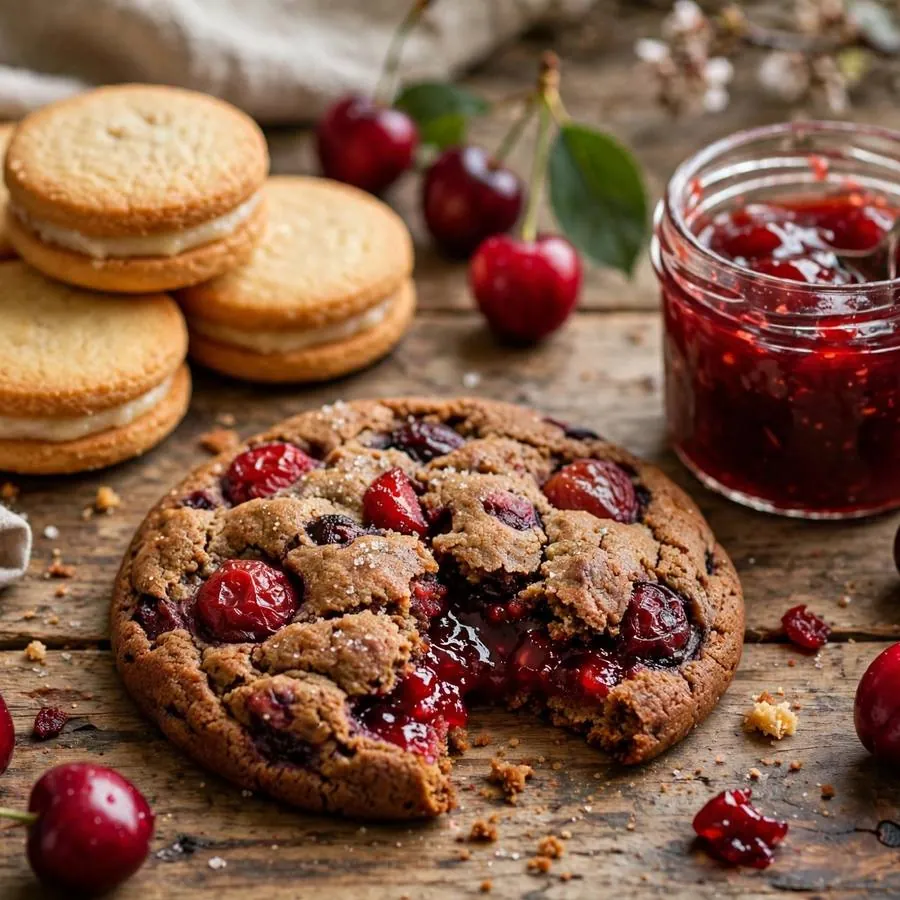 Cherry Bomb cookie with fresh cherries, golden sandwich cookies and jam on a wooden table