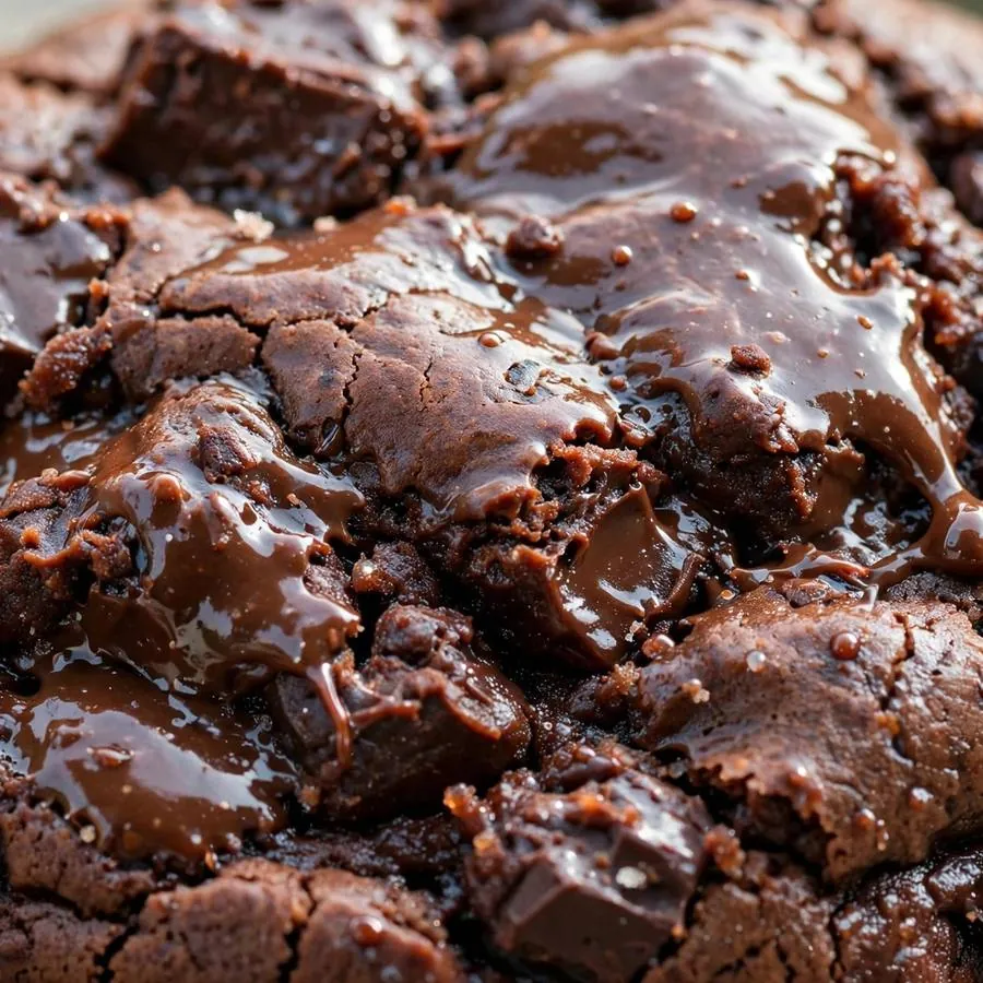 Extreme close-up of fudgy chocolate texture and melted chocolate chunks on a cake batter cookie