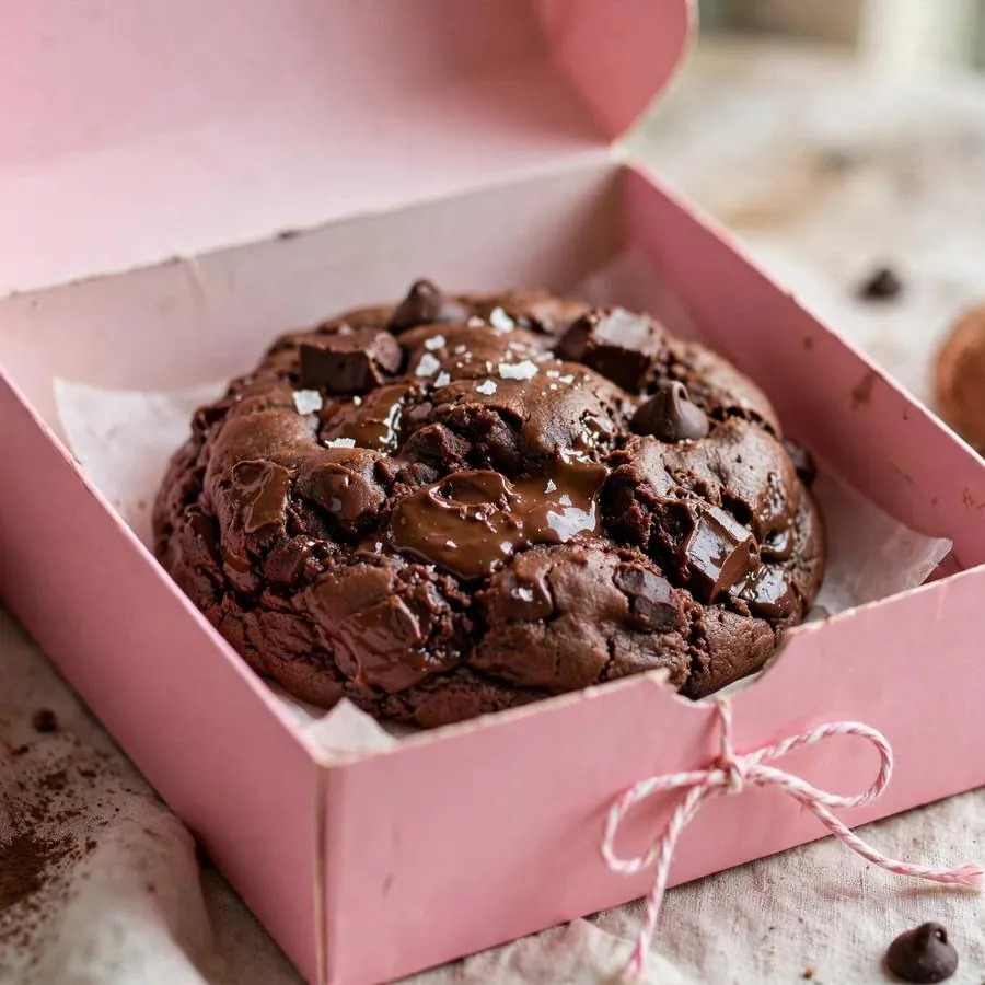 Chocolate cake batter cookie served in a pink bakery box