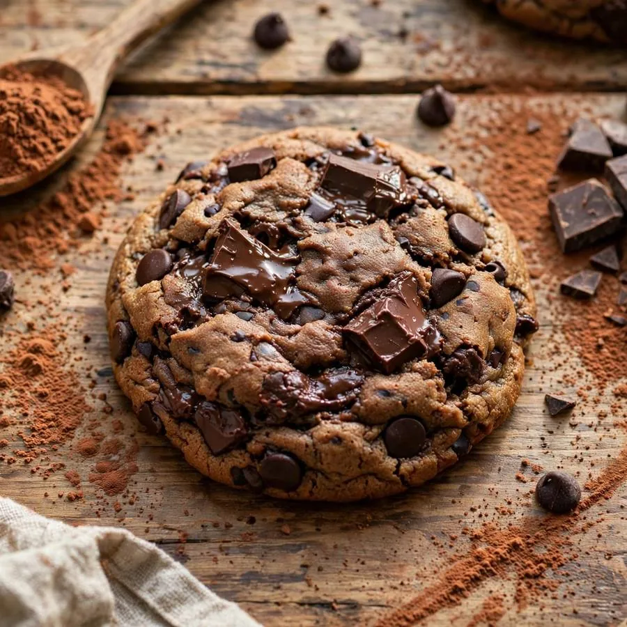 Chocolate cake batter cookie beside chocolate chunks, cocoa powder and chocolate chips on a wooden table