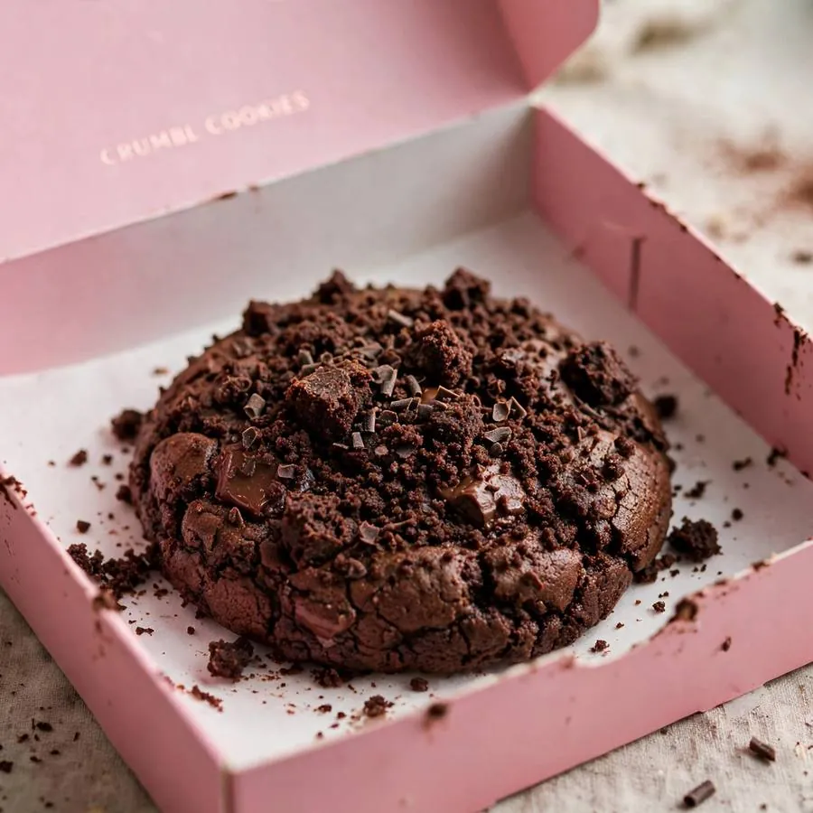 Chocolate Cake Crumbl Cookie in a pink bakery box