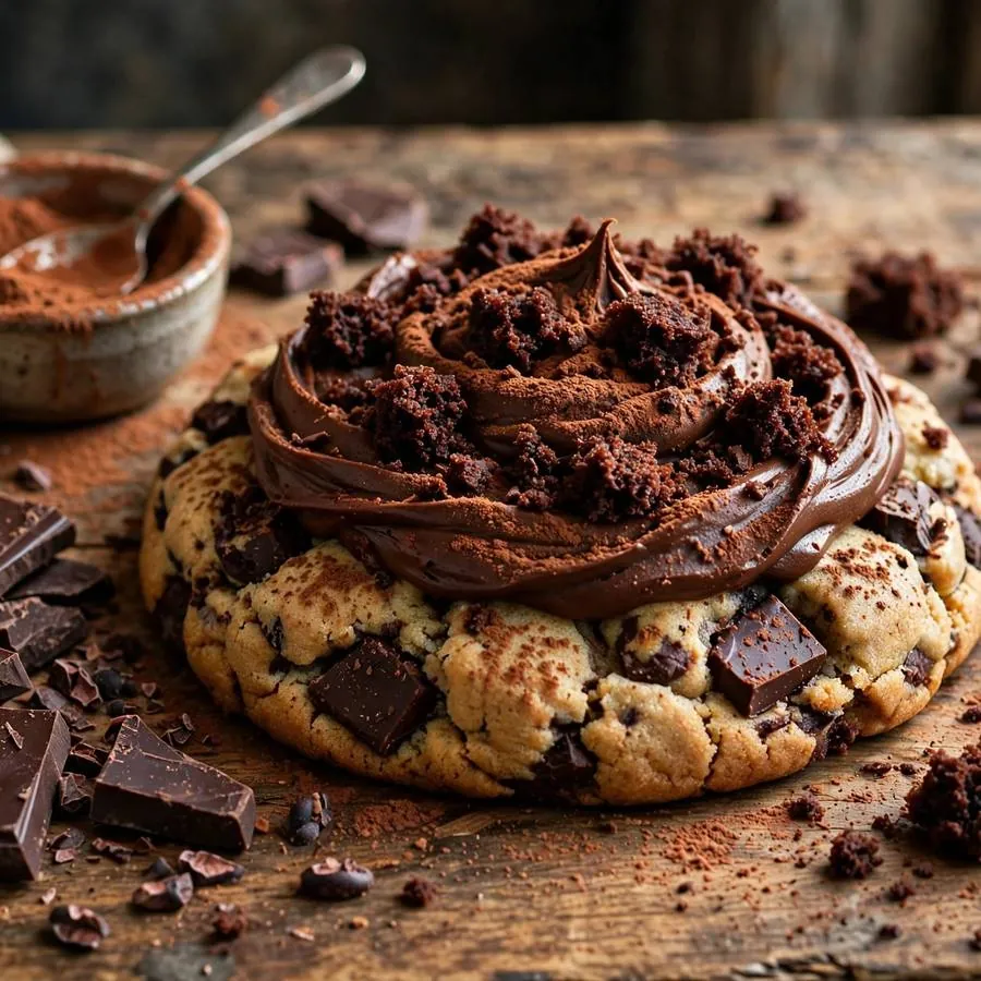 Chocolate Cake Crumbl Cookie with dark chocolate, cocoa powder and chocolate frosting