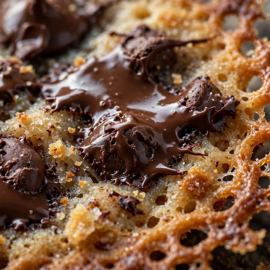 Lacy caramelized edges and melted chocolate chip on the thin crispy cookie