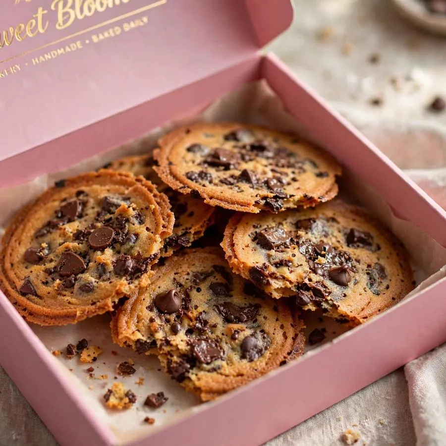 Thin crispy chocolate chip cookies presented in a pink Crumbl bakery box