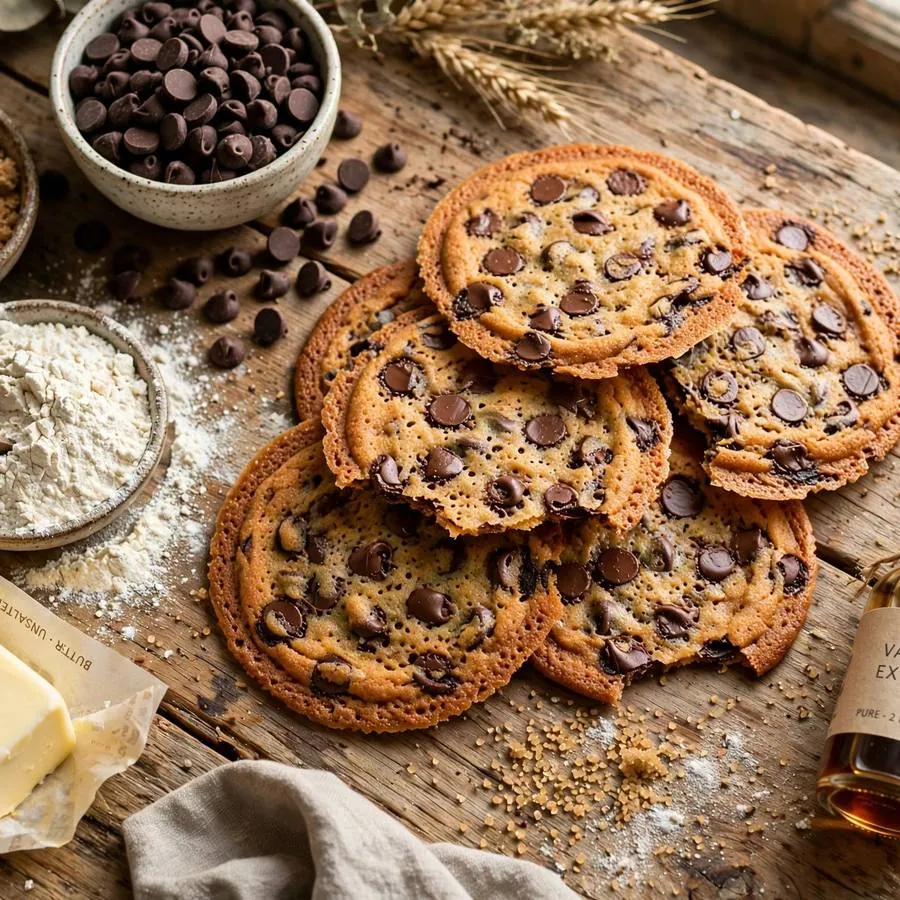 Chocolate chip thins with chocolate chips, butter and brown sugar on a wooden table