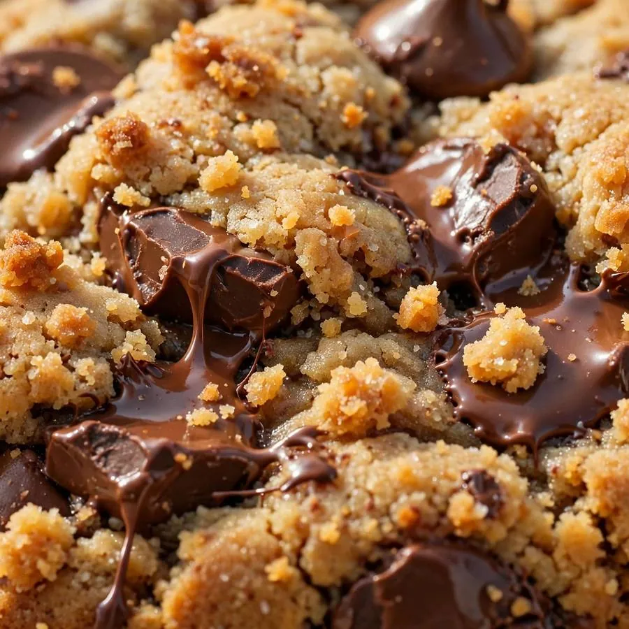 Extreme close-up of the Chocolate Chip Crumbl Cookie showing melty chocolate chips in a golden cookie detail