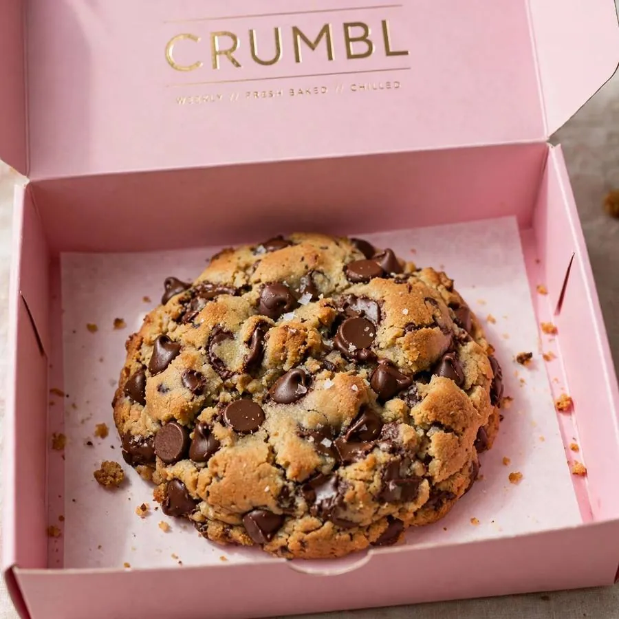 Chocolate Chip Crumbl Cookie served in a pink bakery box