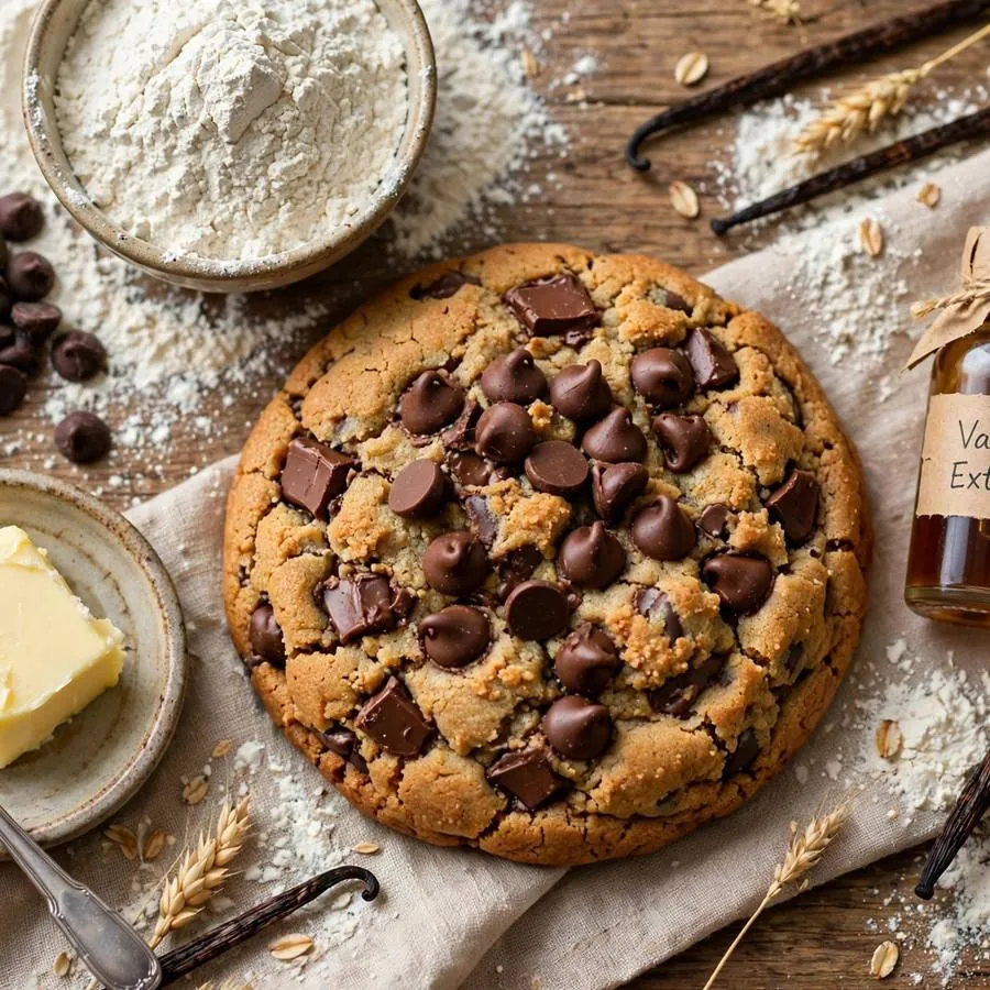 Chocolate Chip Crumbl Cookie with chocolate chips, flour, butter and vanilla arranged on a rustic wooden table