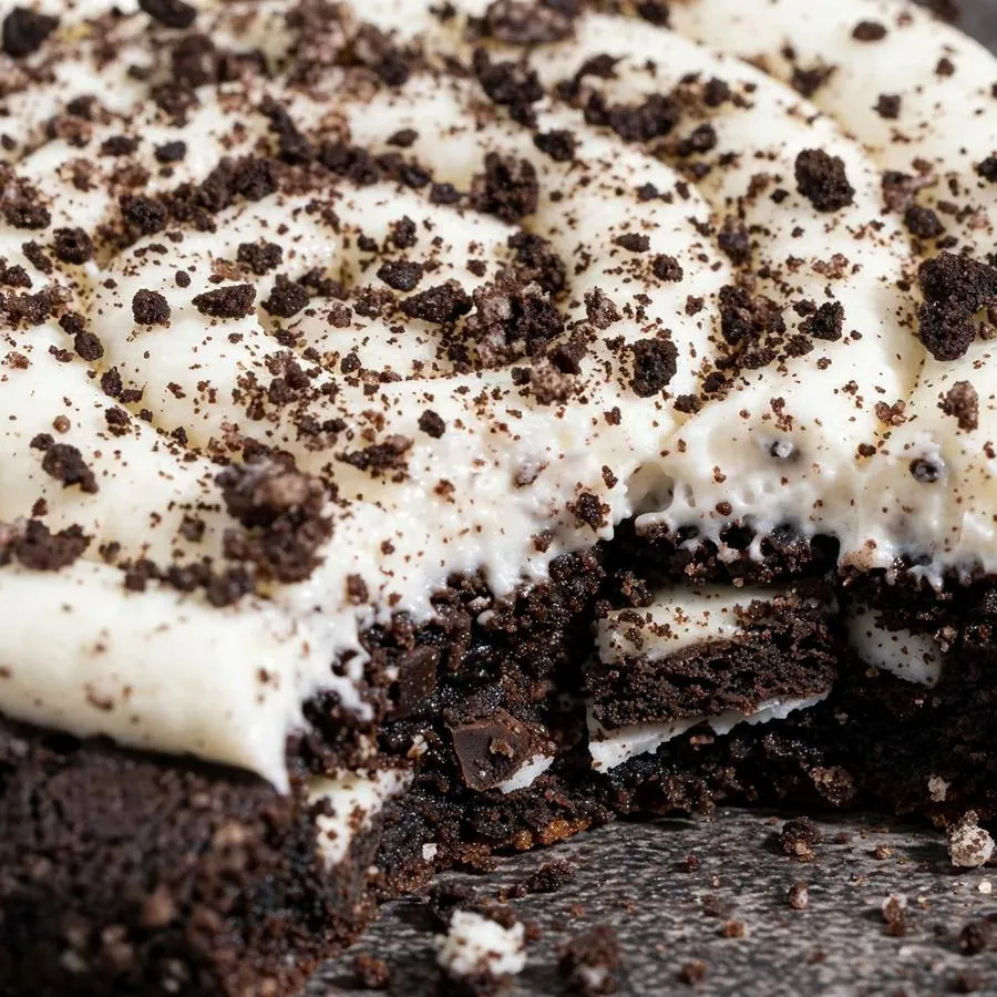 Extreme close-up of the Chocolate Cookies and Cream Crumbl Cookie showing chocolate sandwich-cookie chunks in dark cocoa cookie detail