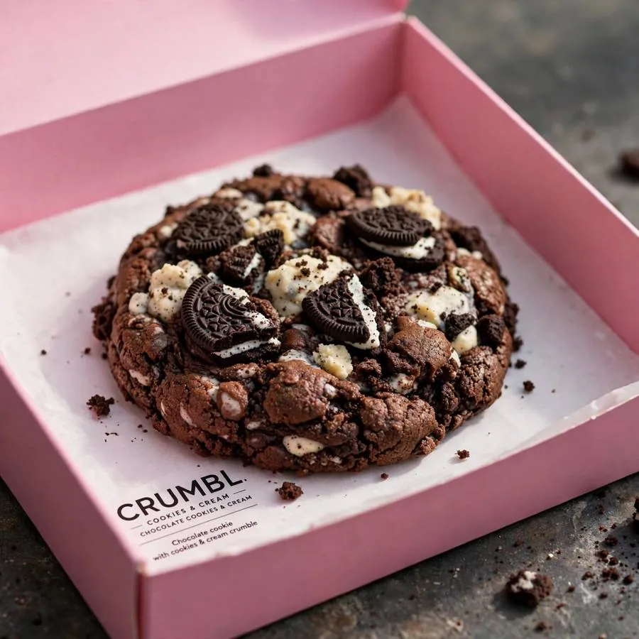 Chocolate Cookies and Cream Crumbl Cookie served in a pink bakery box