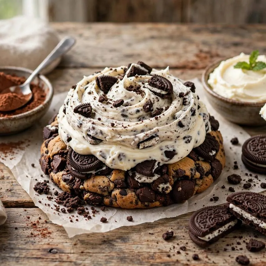 Chocolate Cookies and Cream Crumbl Cookie with chocolate sandwich cookies, cocoa powder and cream cheese arranged on a rustic wooden table