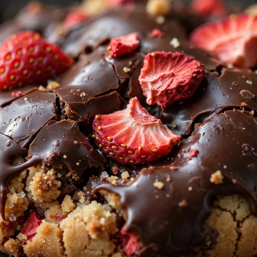 Glossy chocolate shell with strawberry pieces on the cookie