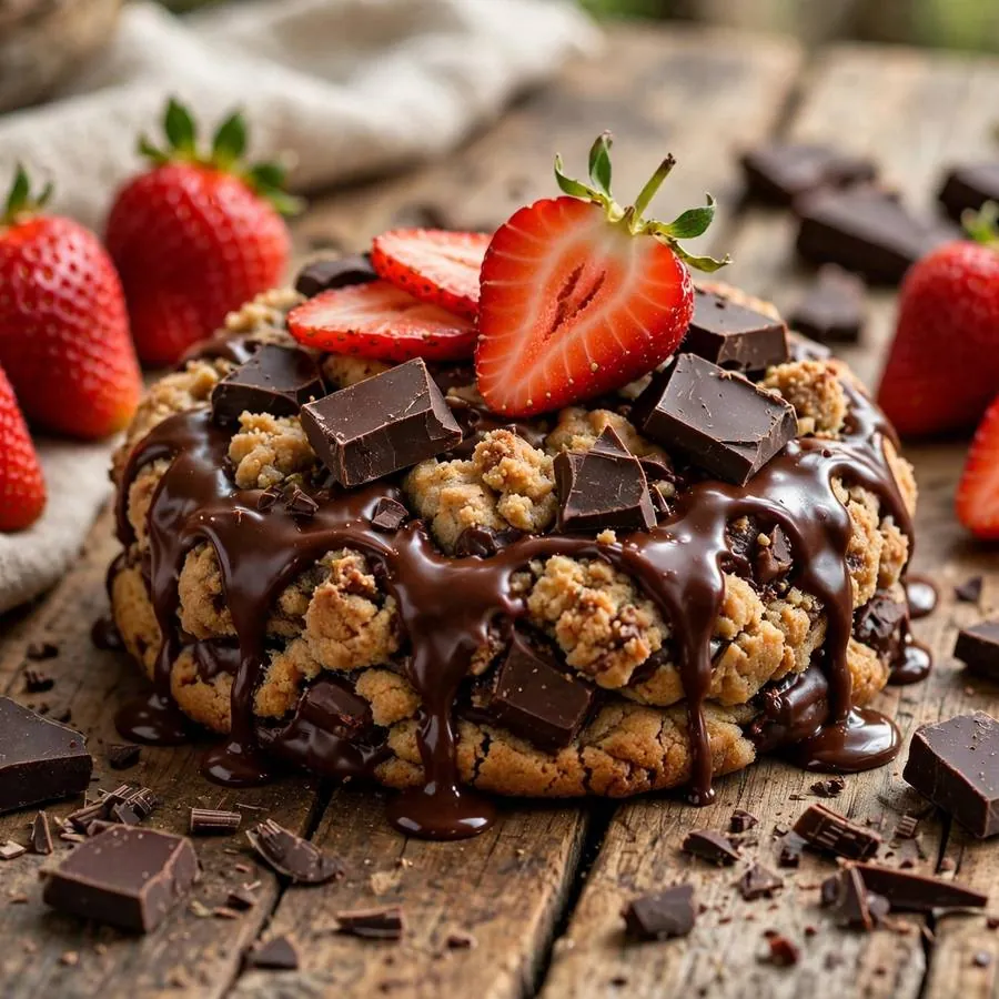 Chocolate Covered Strawberry cookie with fresh strawberries and dark chocolate on a wooden table