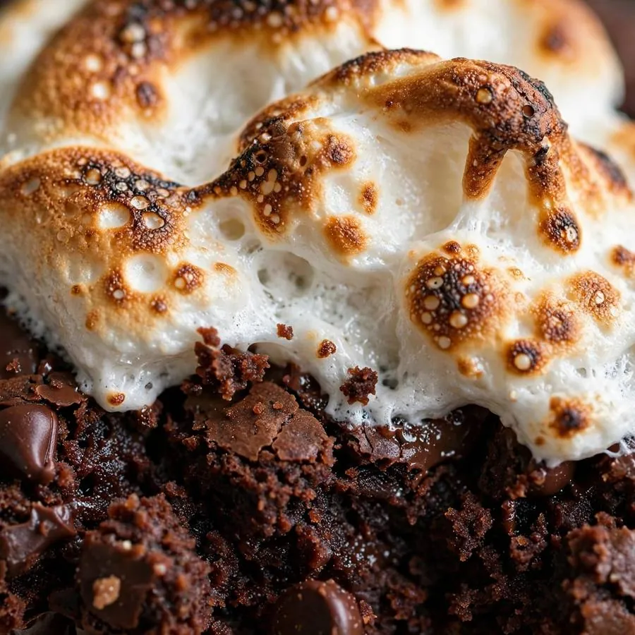 Extreme close-up of golden toasted marshmallow swirl on a chocolate cupcake cookie