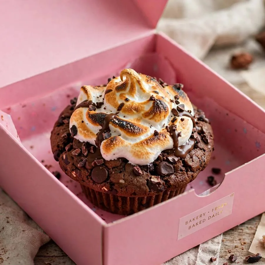 Chocolate mallow cupcake cookie served in a pink bakery box