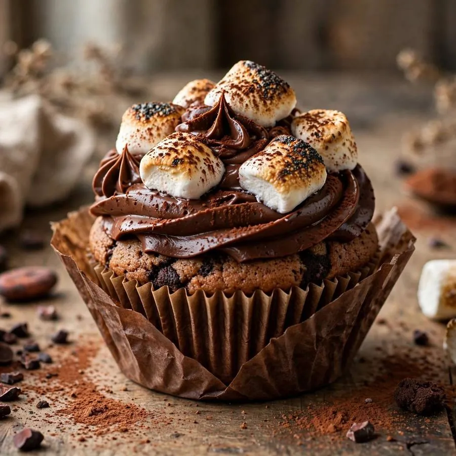 Chocolate mallow cupcake cookie beside toasted marshmallows, cocoa powder and chocolate frosting on a wooden table