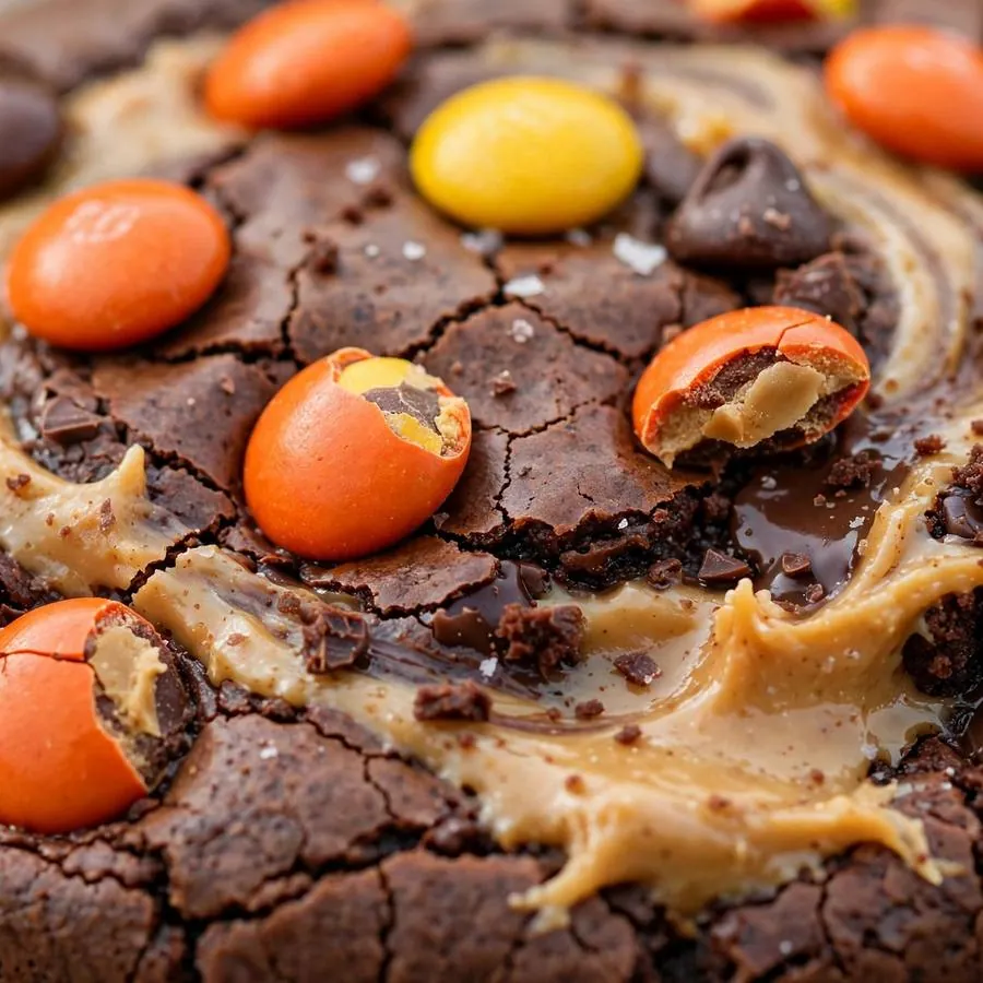 Reese's Pieces candy topping on Chocolate Peanut Butter Brownie ft Reese's Pieces