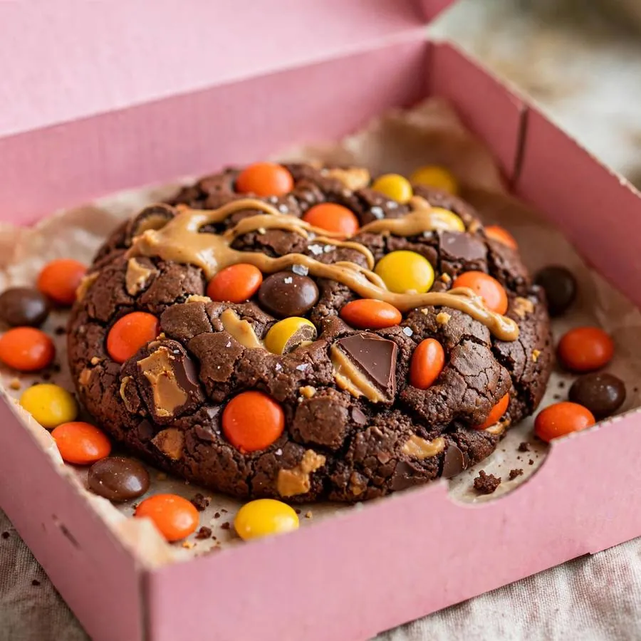 Chocolate Peanut Butter Brownie ft Reese's Pieces in a pink bakery box