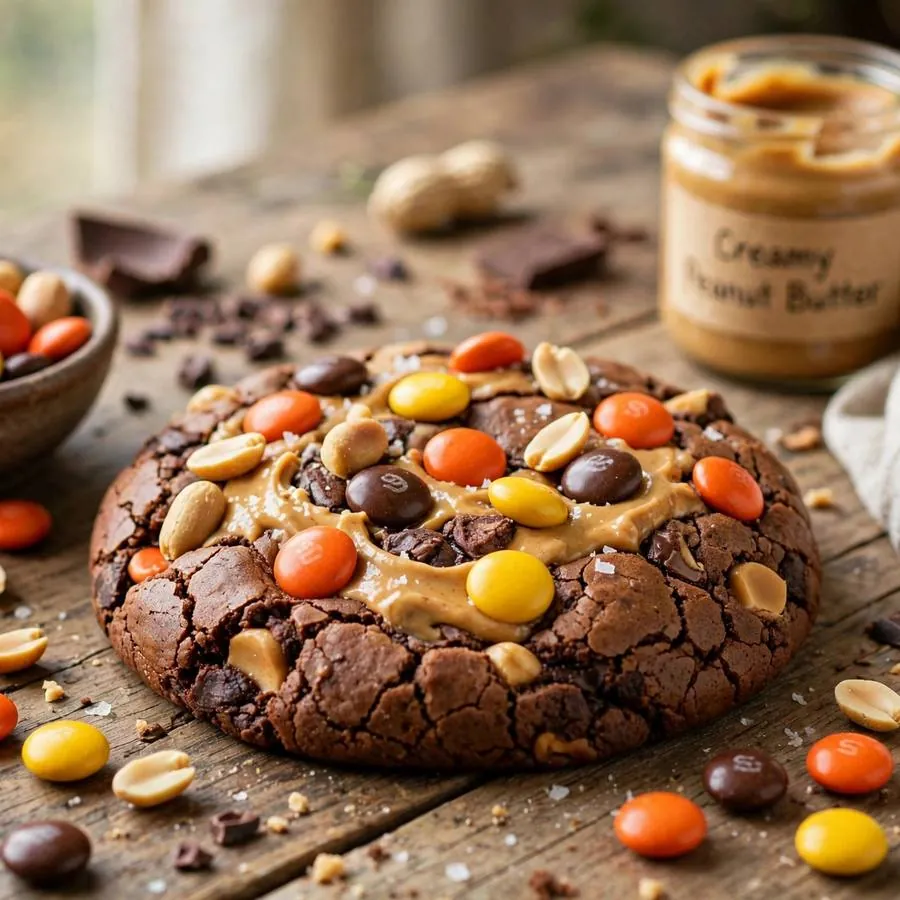 Chocolate Peanut Butter Brownie ft Reese's Pieces with Reese's Pieces candies, peanuts and peanut butter
