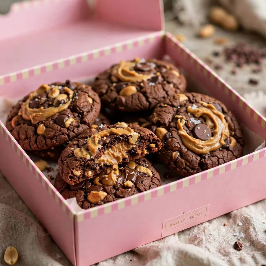 Chocolate peanut butter cookie presented in a pink Crumbl bakery box