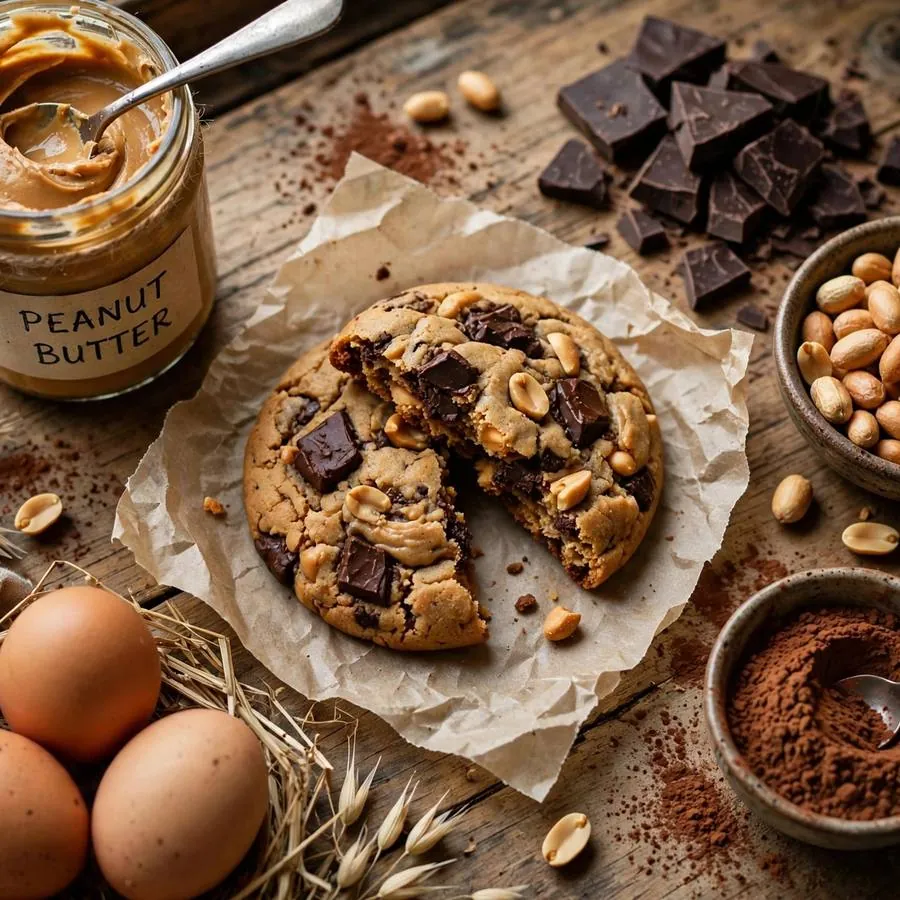 Chocolate peanut butter cookie with dark chocolate, peanut butter and roasted peanuts on a wooden table