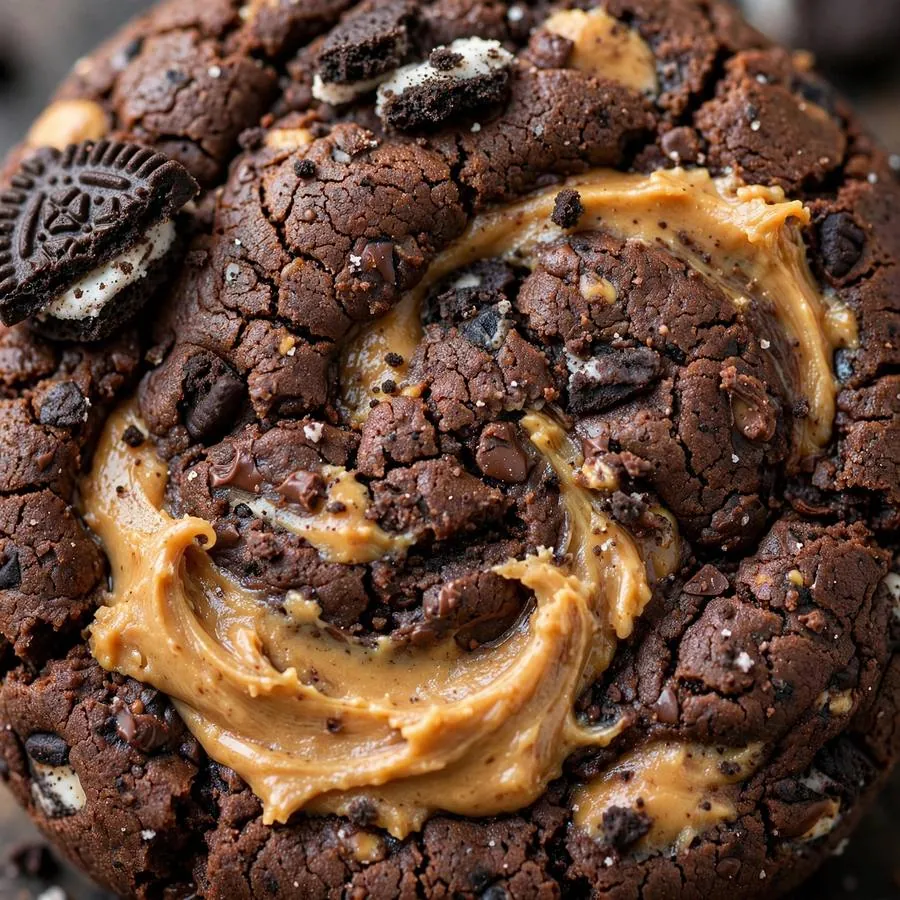 Extreme close-up of the Chocolate Peanut Butter ft. Oreo Crumbl Cookie showing peanut butter swirl with crushed Oreo pieces detail Extreme close-up of the Chocolate Peanut Butter ft. Oreo Crumbl Cookie showing peanut butter swirl with crushed Oreo pieces detail