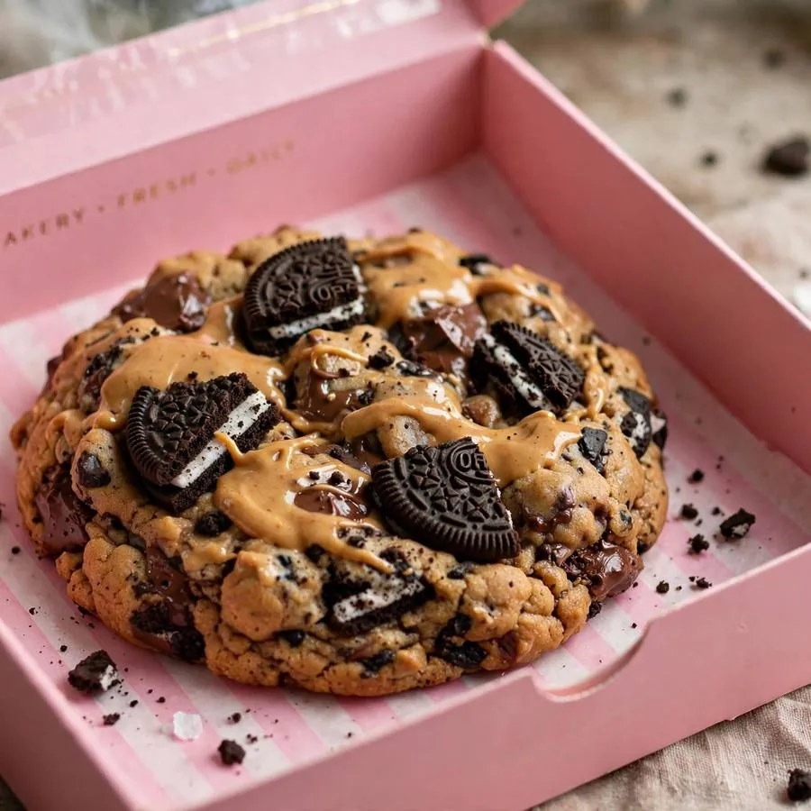 Chocolate Peanut Butter ft. Oreo Crumbl Cookie served in a pink bakery box Chocolate Peanut Butter ft. Oreo Crumbl Cookie served in a pink bakery box