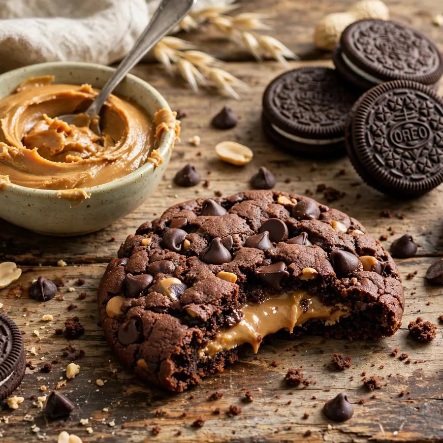 Chocolate Peanut Butter ft. Oreo Crumbl Cookie with Oreo sandwich cookies, peanut butter and chocolate chips arranged on a rustic wooden table Chocolate Peanut Butter ft. Oreo Crumbl Cookie with Oreo sandwich cookies, peanut butter and chocolate chips arranged on a rustic wooden table