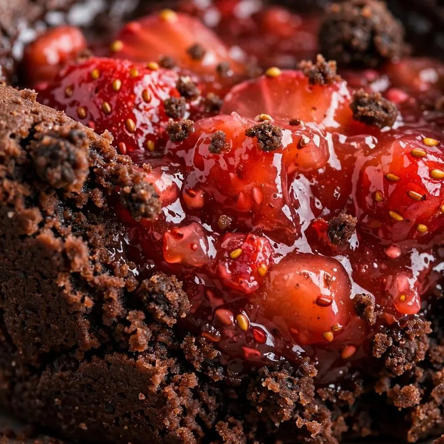 Strawberry filling nestled in a chocolate cookie cup
