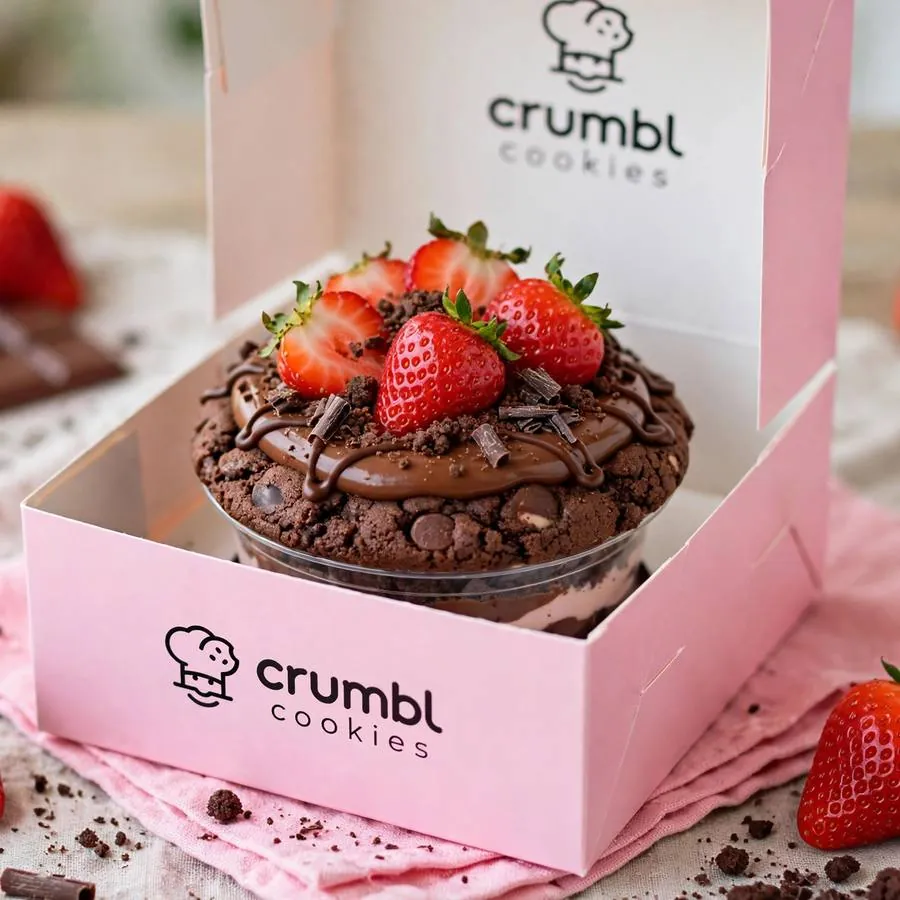 Chocolate Strawberry Cup cookie in a pink bakery box