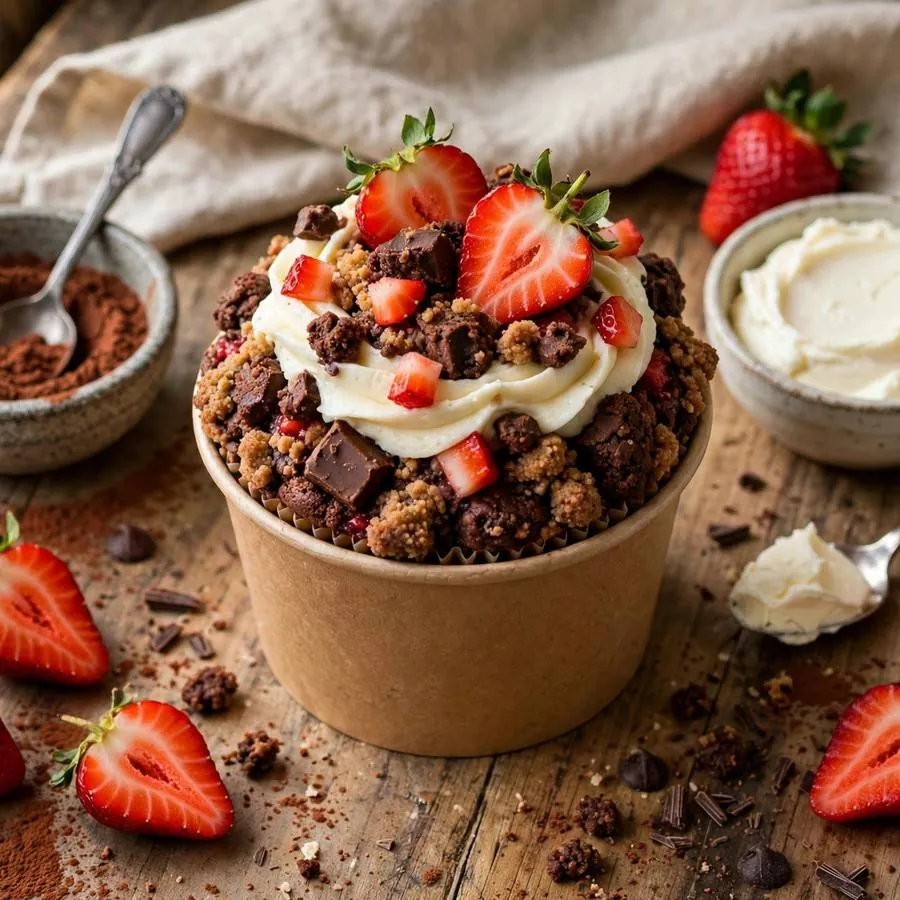 Chocolate Strawberry Cup cookie with strawberries, cocoa and cream cheese on a wooden table