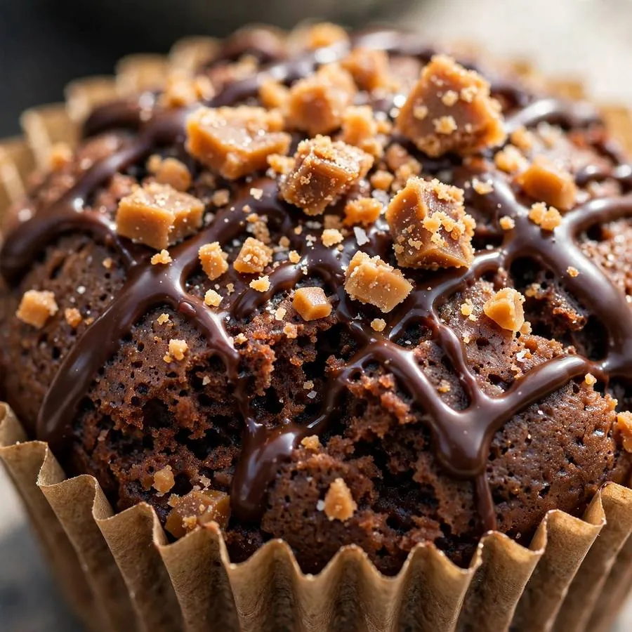 Extreme close-up of golden toffee bits and chocolate drizzle on a chocolate cake cup Extreme close-up of golden toffee bits and chocolate drizzle on a chocolate cake cup