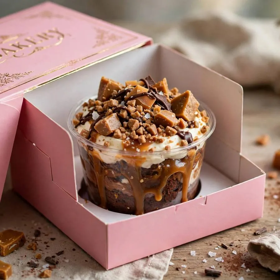 Chocolate toffee cake cup served in a pink bakery box Chocolate toffee cake cup served in a pink bakery box