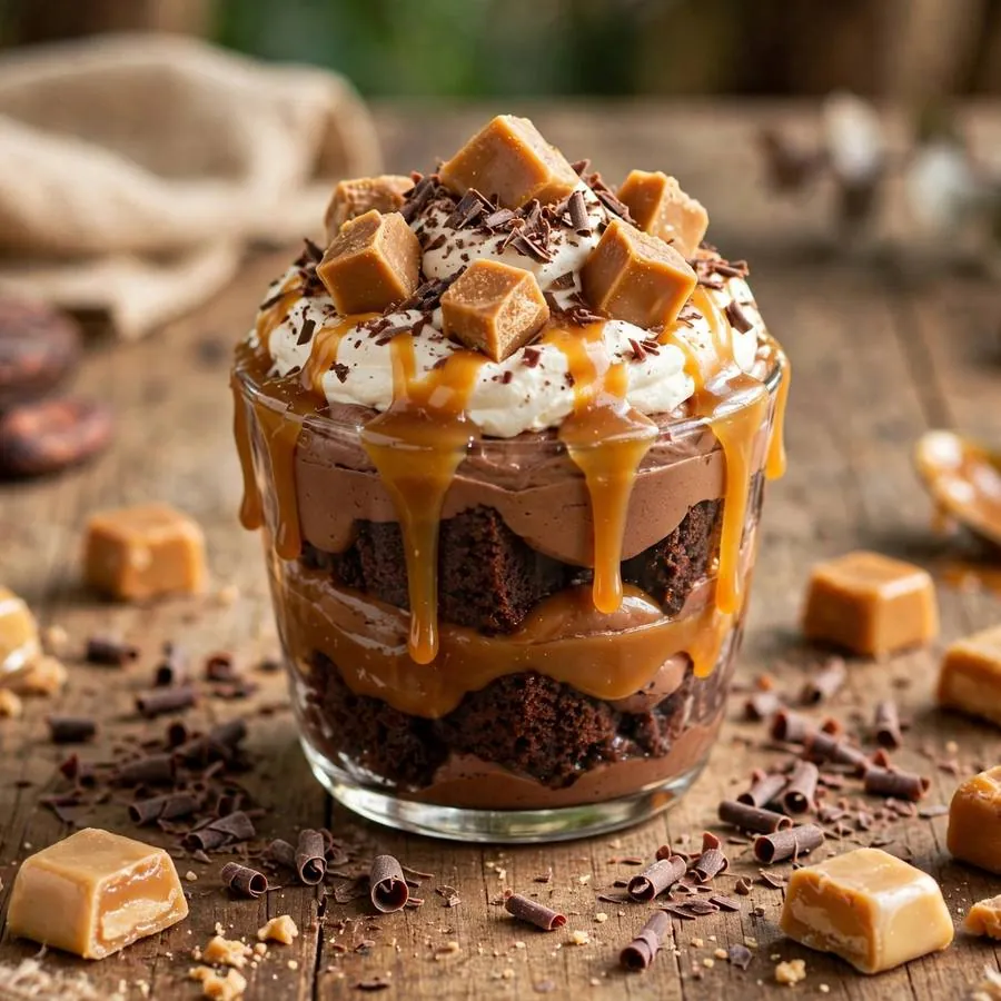 Chocolate toffee cake cup beside toffee candies, caramel sauce and chocolate shavings on a wooden table Chocolate toffee cake cup beside toffee candies, caramel sauce and chocolate shavings on a wooden table