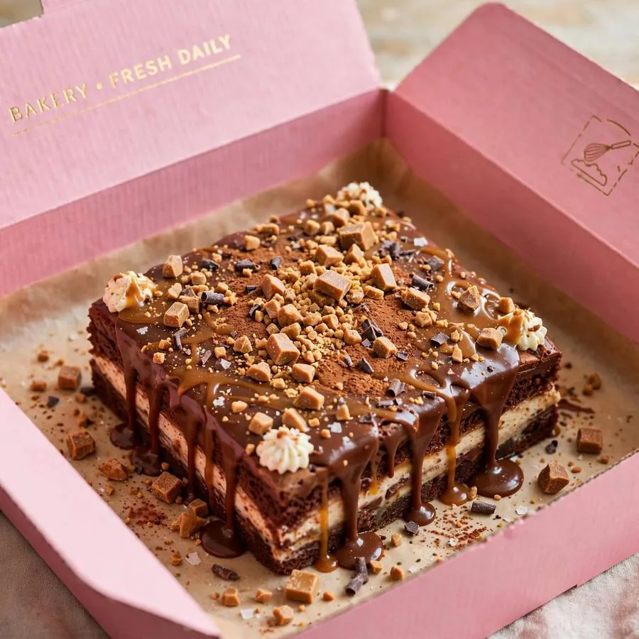 Chocolate Toffee Tres Leches Crumbl Cake ft Heath in a pink bakery box