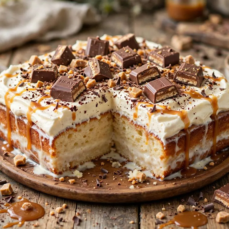 Chocolate Toffee Tres Leches Crumbl Cake ft Heath with Heath bar pieces, caramel and chocolate shavings