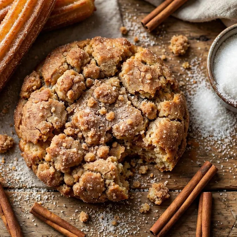 Churro cookie with churros, cinnamon sticks and sugar on a wooden table