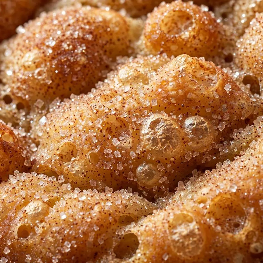 Bubbly golden fried dough dusted with sparkling cinnamon sugar