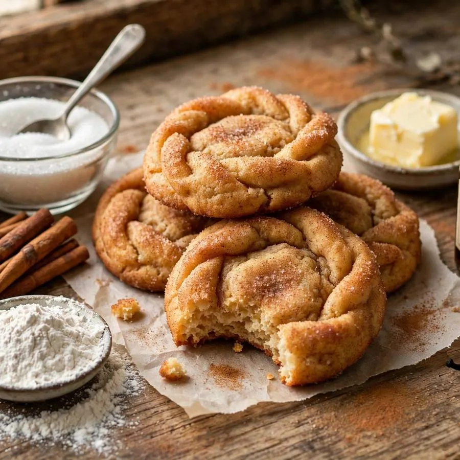 Cinnamon fry bread cookie with cinnamon sticks, sugar and butter on a wooden table