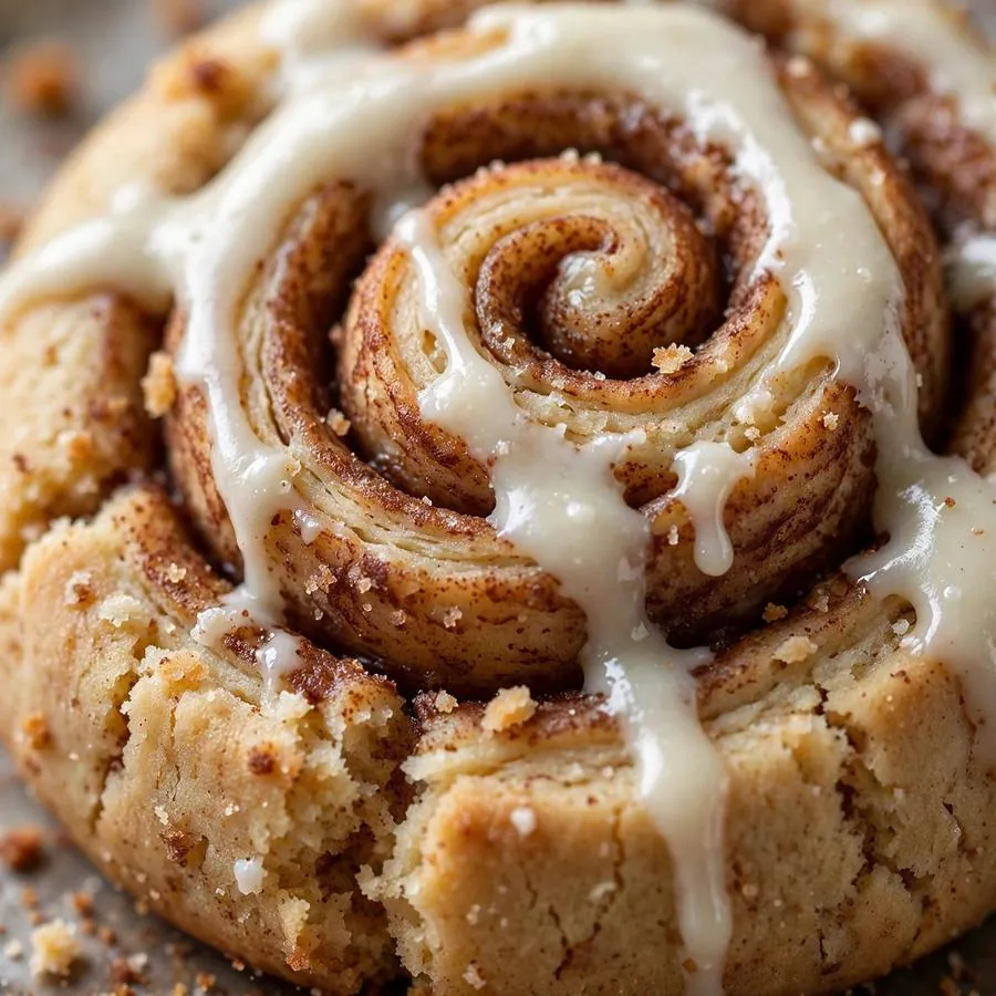 Extreme close-up of cinnamon swirl and cream cheese glaze on a soft cinnamon roll cookie