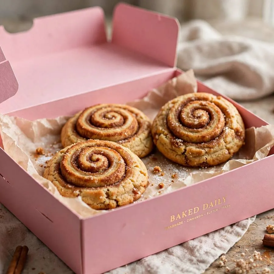 Cinnamon roll cookie served in a pink bakery box