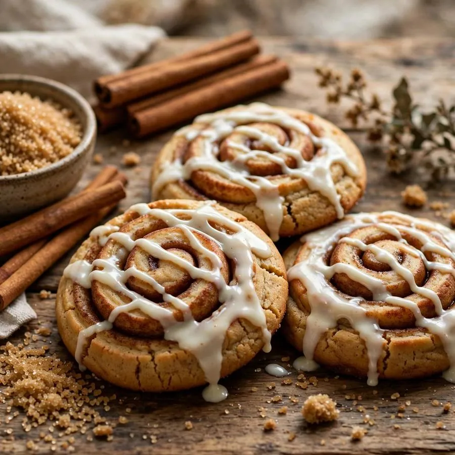Cinnamon roll cookie beside cinnamon sticks, cream cheese glaze and brown sugar on a wooden table