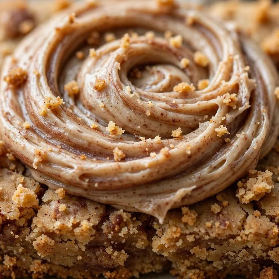 Extreme close-up of the Cinnamon Square Crumbl showing swirled cinnamon frosting on a soft cinnamon square detail Extreme close-up of the Cinnamon Square Crumbl showing swirled cinnamon frosting on a soft cinnamon square detail