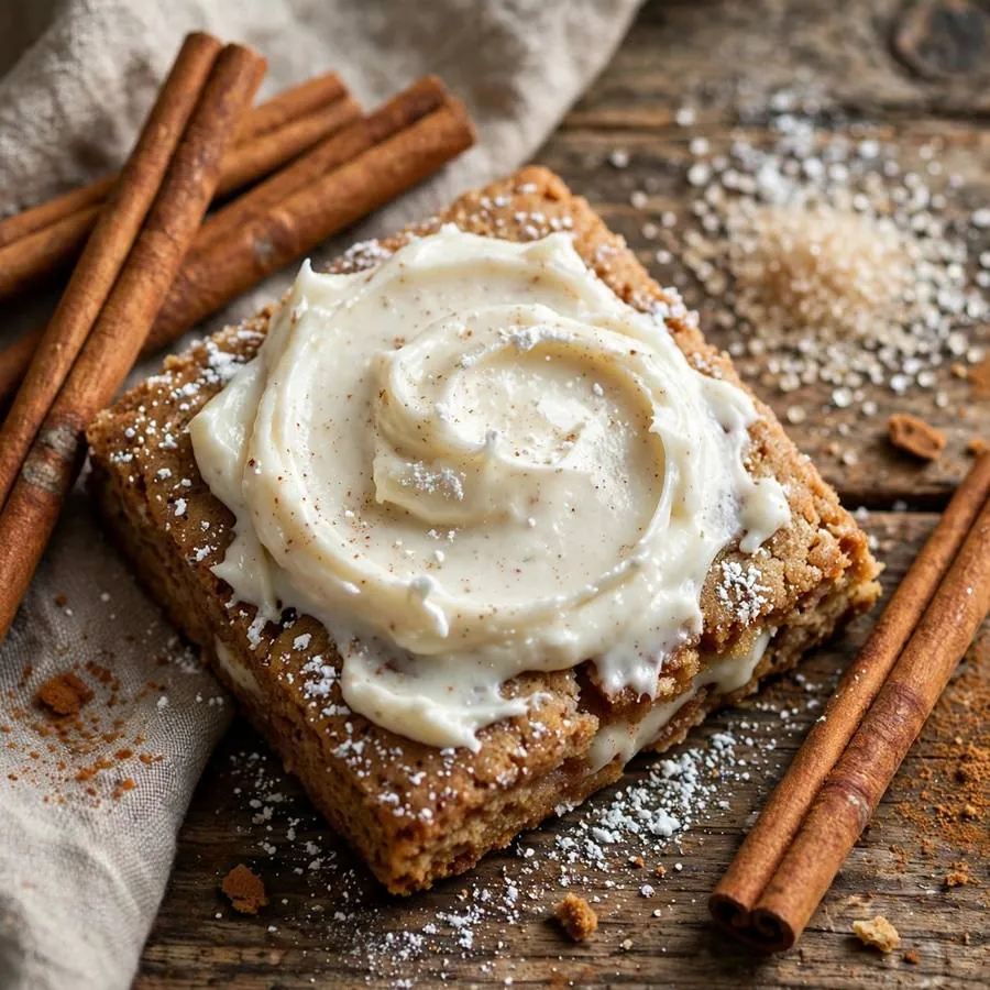Cinnamon Square Crumbl with cinnamon sticks, cream cheese frosting and sugar arranged on a rustic wooden table Cinnamon Square Crumbl with cinnamon sticks, cream cheese frosting and sugar arranged on a rustic wooden table
