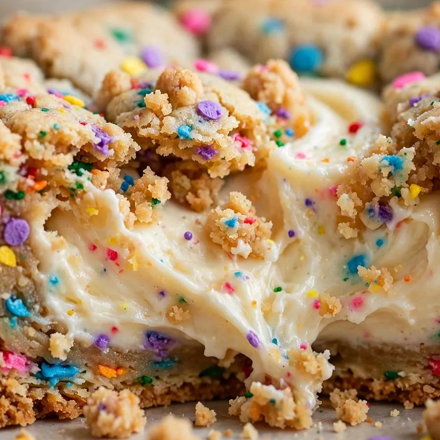 Colorful confetti sprinkles over creamy cheesecake texture
