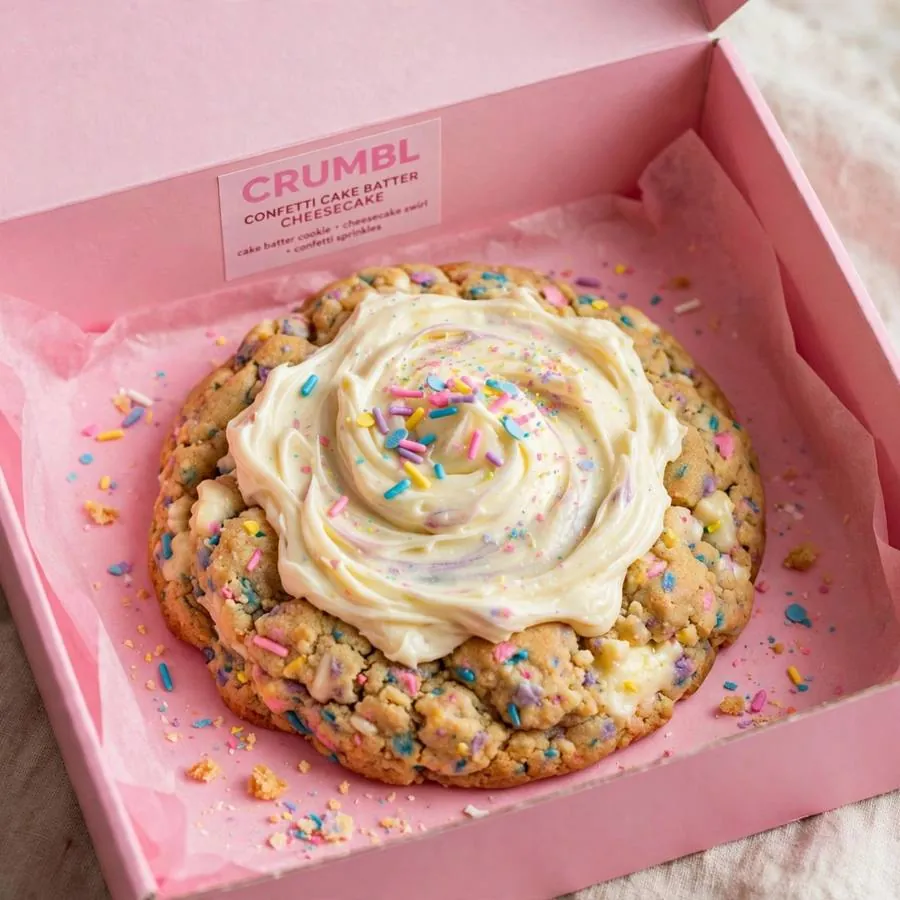 Confetti Cake Batter Cheesecake cookie in a pink bakery box