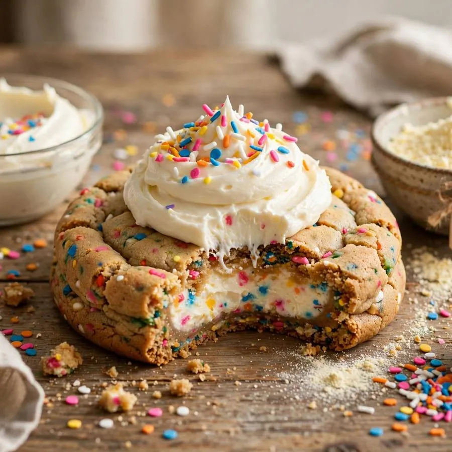 Confetti cheesecake cookie with cream cheese, cake batter and sprinkles on a wooden table